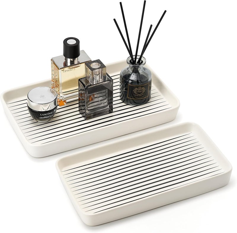 Pottify Bathroom Vanity Tray for Countertop,2PC Rectangle Striped Tray,Decorative Bathroom Organizer for Scrubber, Lotion Bottles, Perfume, Jewelry, Candle, Key Trinket Ring(Large,White) - Image 1
